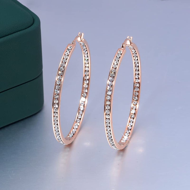 CiNily Ladies Earring Hoops-Large Hoops Rose Gold Plated Hoop Earrings for Women White Cubic Zirconia Big Hoop Earrings Hypoallergenic for Sensitive Ears - Image 2